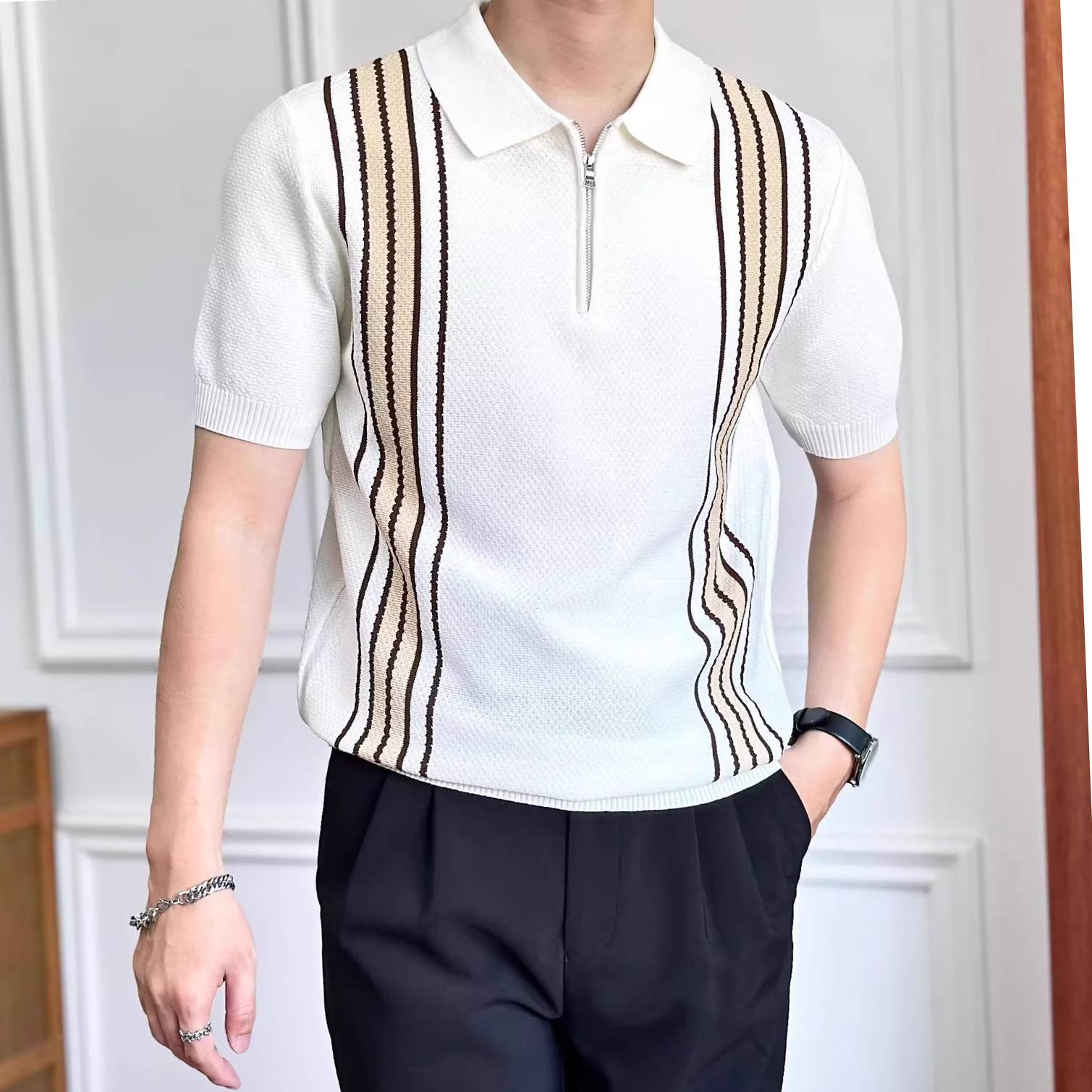Polo camiseta camiseta de punto camiseta de manga corta camiseta de cuello de hombre rayas medio cremallera viejo dinero viento hielo seda fábrica transfronteriza al por mayor
