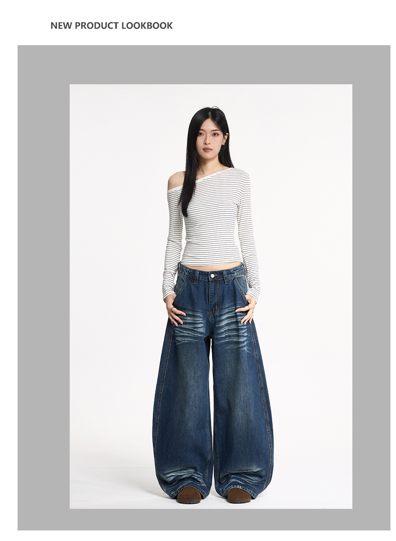 LKTM Men's Vintage Washed Blue Baggy Jeans Relaxed Fit Wide Leg Bootcut Trousers with Retro Whisker Distressing_viptrois.com