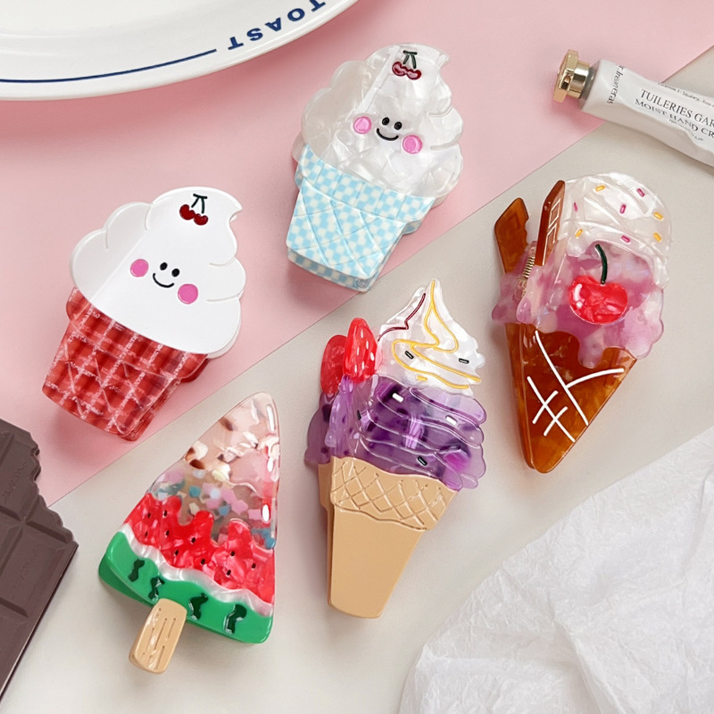 夏のフレッシュアイスクリームクリップ酢酸ニッチヘアクリップコーンスイカサメクリップミディアムかわいいヘアアクセサリー|undefined