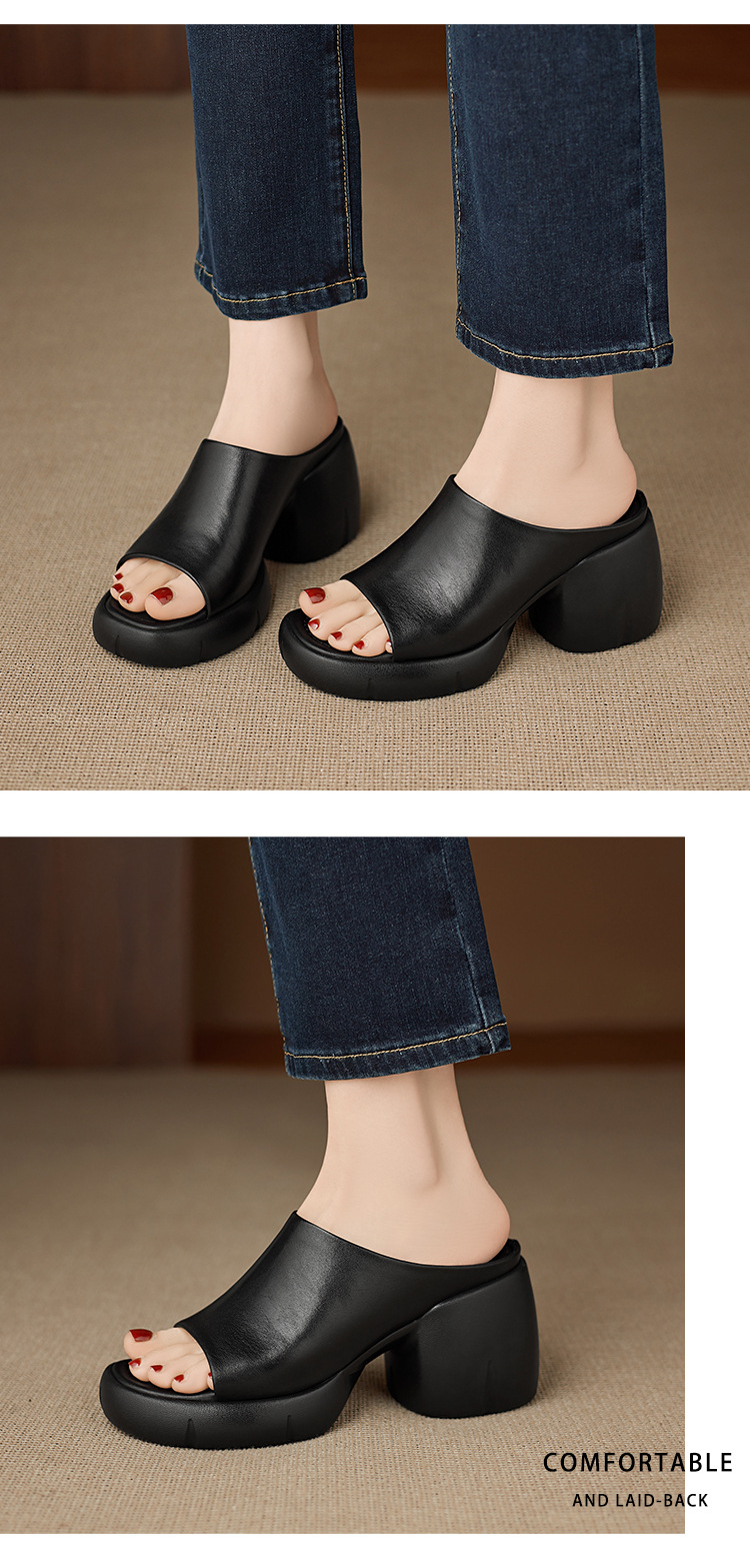 Sandal cao gót nữ hở mũi quai ngang da thật gót vuông 9 cm — màu đen, màu trắng ngà chi tiết 9