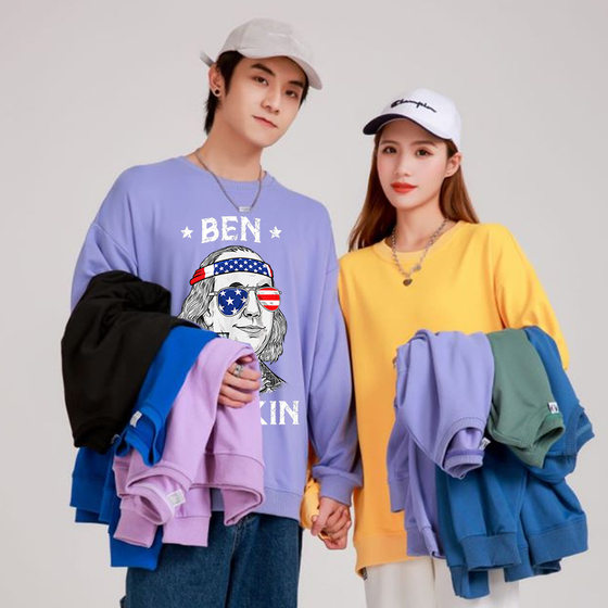 260g foreign trade fashion brand round neck sweater CVC cotton loose long sleeve T-shirt men's and women's bottoming shirt custom pattern