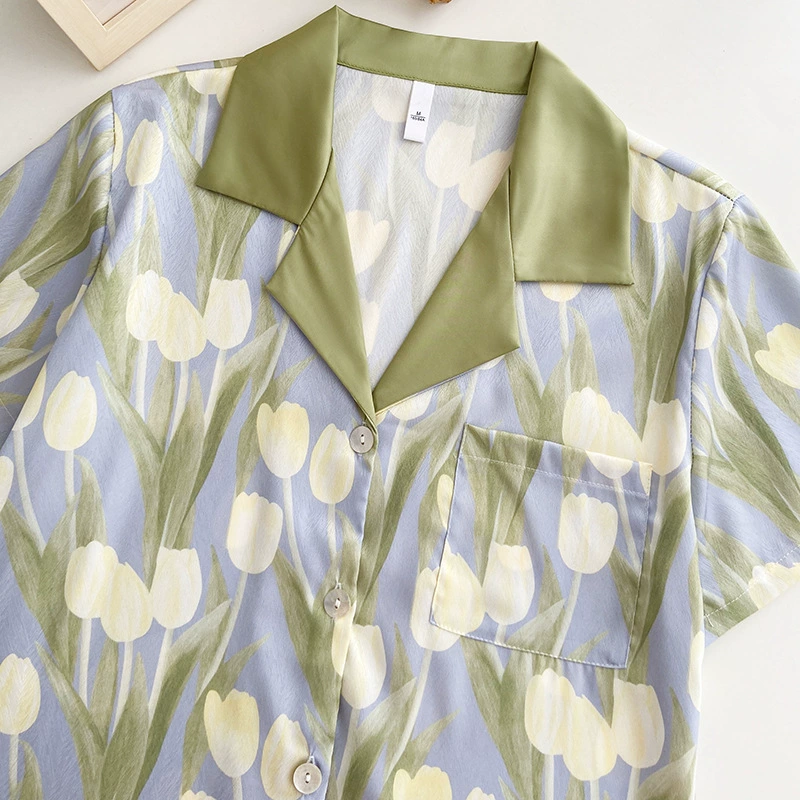 2024 масляная живопись тюльпаны ins высокого уровня текстуры ретро ремесло симулированный шелк домашний костюм пижамы набор оптом