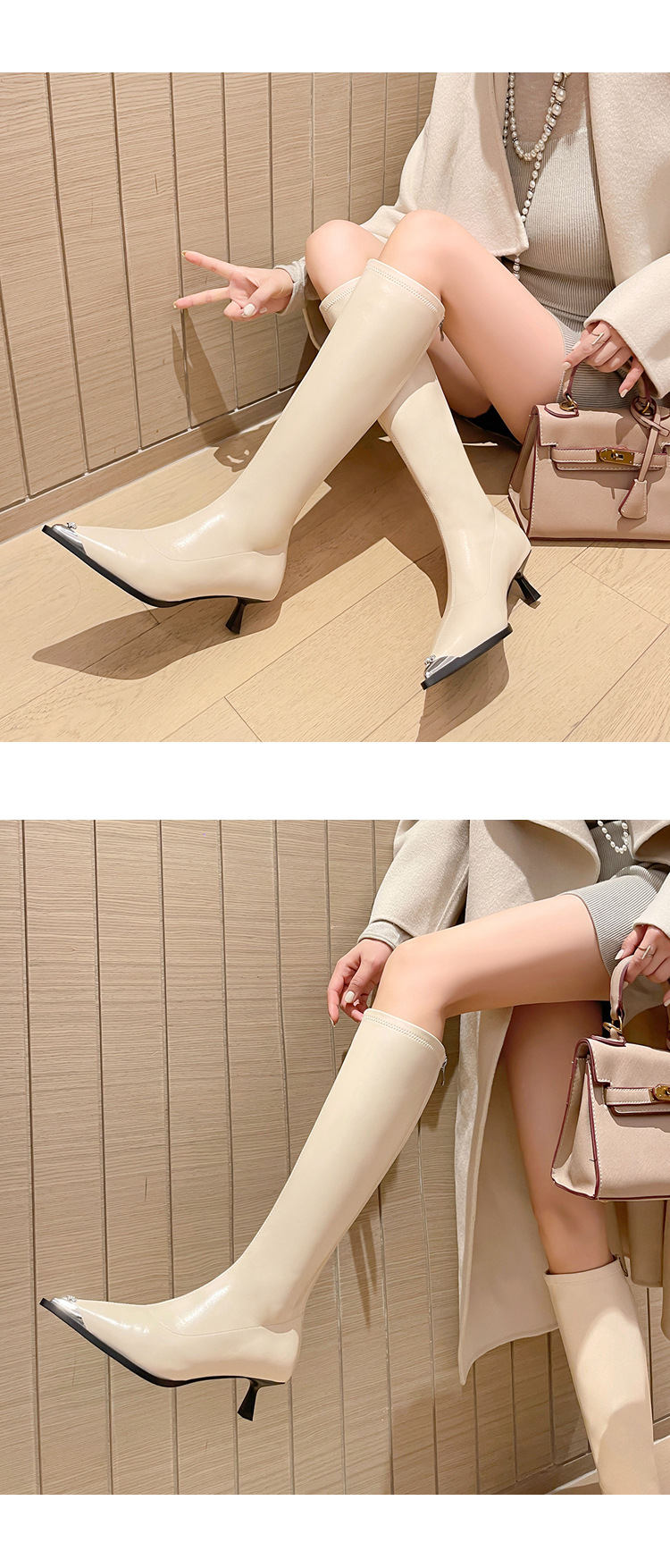 Bốt nữ cổ cao mũi nhọn kim loại co giãn, phong cách kỵ sĩ cao gót thon gọn — Màu kaki lót nhung chi tiết 21