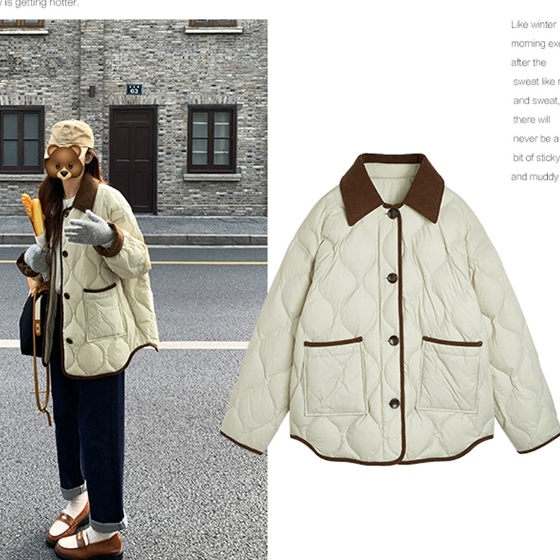 Cloth, short light and thin down jacket with down with diamond pattern, Chanel style, loose fit