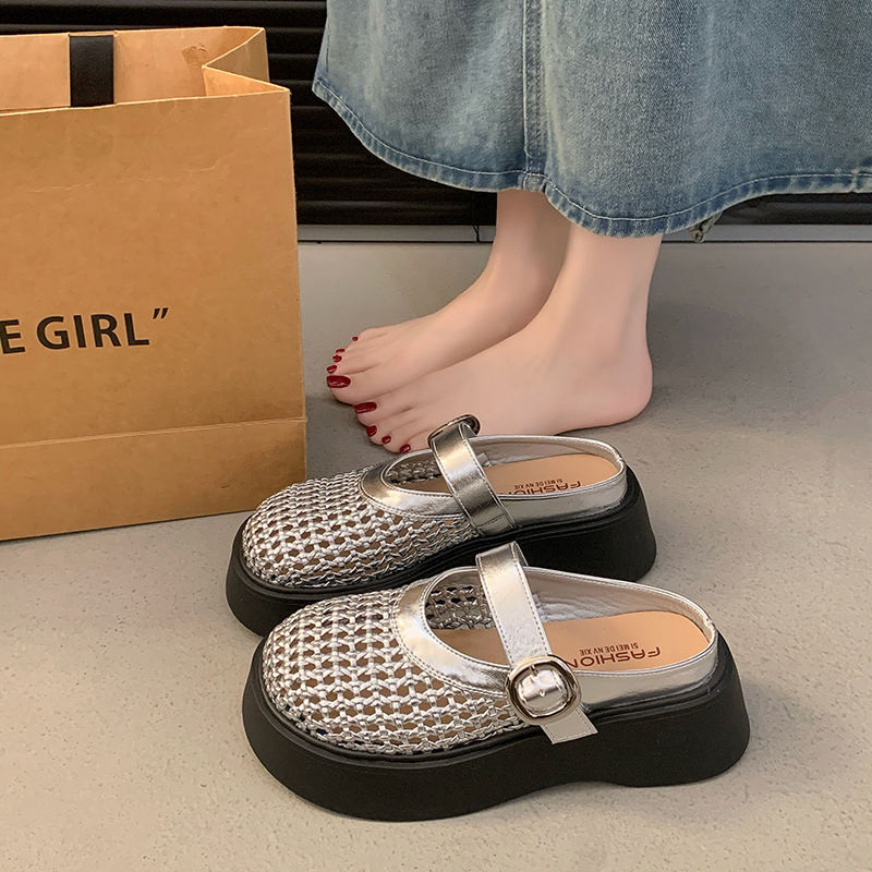 シルバーメッシュ厚底ビルケンシュトックつま先ハーフスリッパ女性用、スカート付きサンダルとスリッパ付き2025年夏新作|undefined