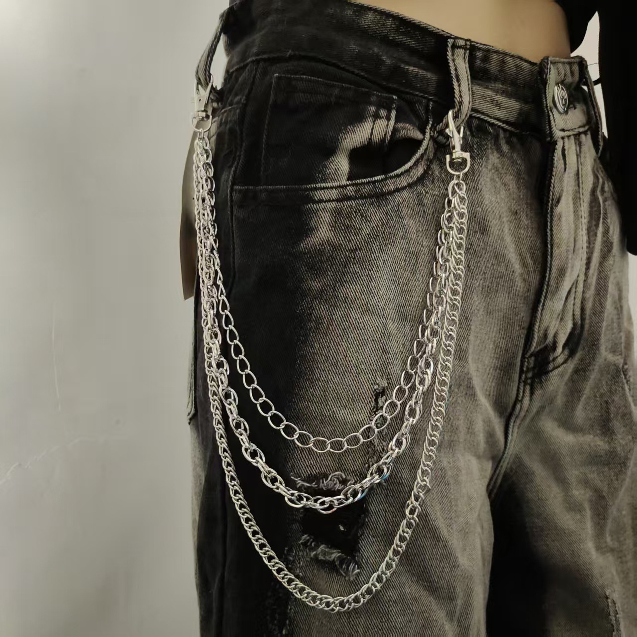 Jeans métallisés multicouches pour hommes, style hip-hop punk tendance et cool, pantalon à chaîne épaisse à taille épaisse, inspiré de la mode européenne et américaine_voghion.com