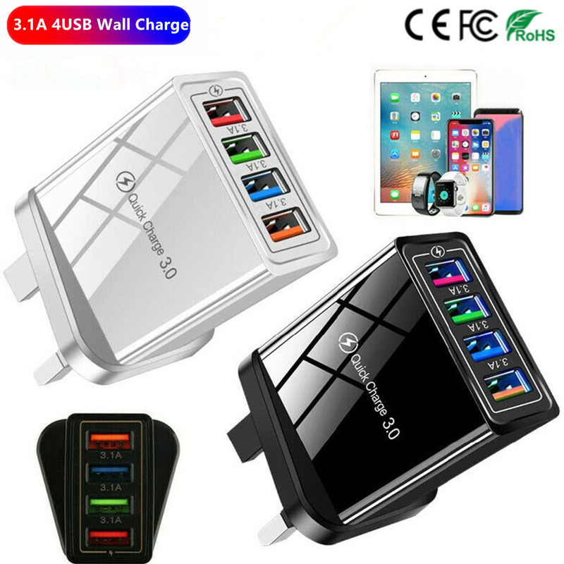 4Usb Mobile Phone Charger, Uk Standard, Eu Standard, Us Standard, Led Colorful Travel Charger, Charging Head, Cross-Border Wholesale Portable
