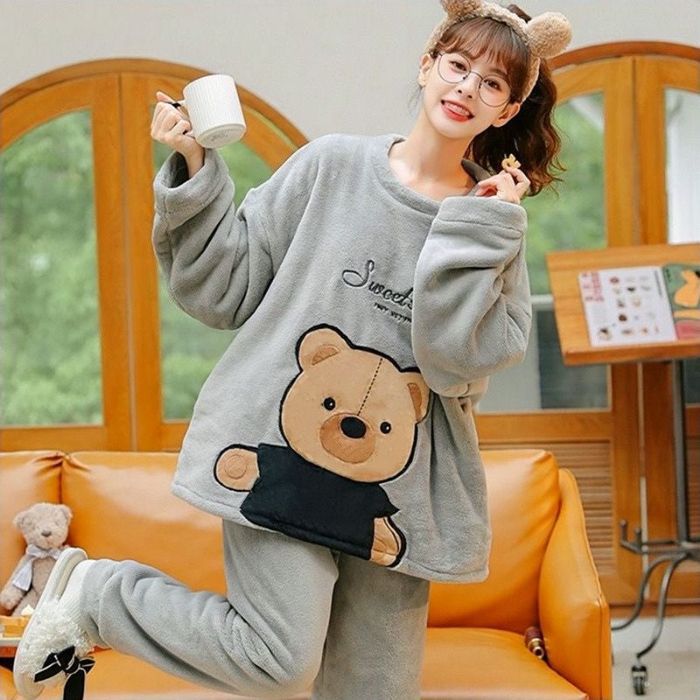 Transfronteriza Vietnam al por mayor otoño invierno pijamas franela espesa mujer dulce dibujos animados casuales mangas largas chaqueta ropa para el hogar