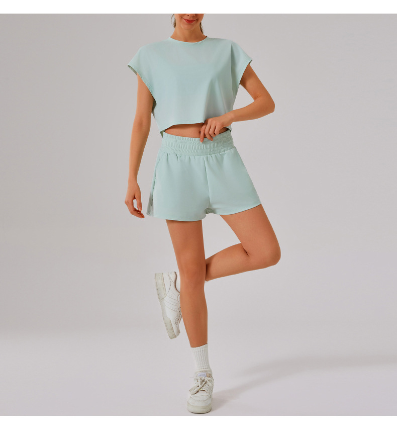 Solid Color round Neck Quick Dry Short Sleeved Top Faux Two Pieces Anti Exposure Shorts Loose Sports Yoga Fitness Set