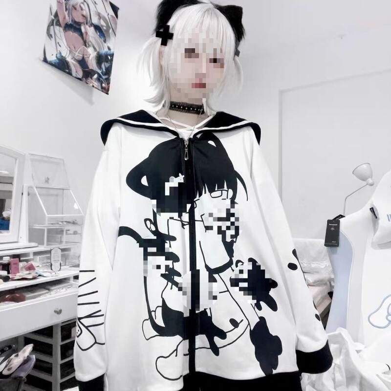 Autumn and Winter Japanese navy collar cat ear black and white cardigan cute long sleeve sweater sub-culture two-dimensional anime coat