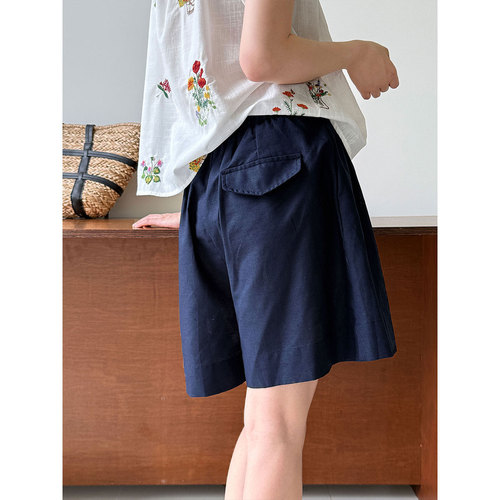 Lüxi Korean-style minimalist cotton-linen wide-leg shorts for women, summer new cool pleated A-line high-waist casual pants 1905