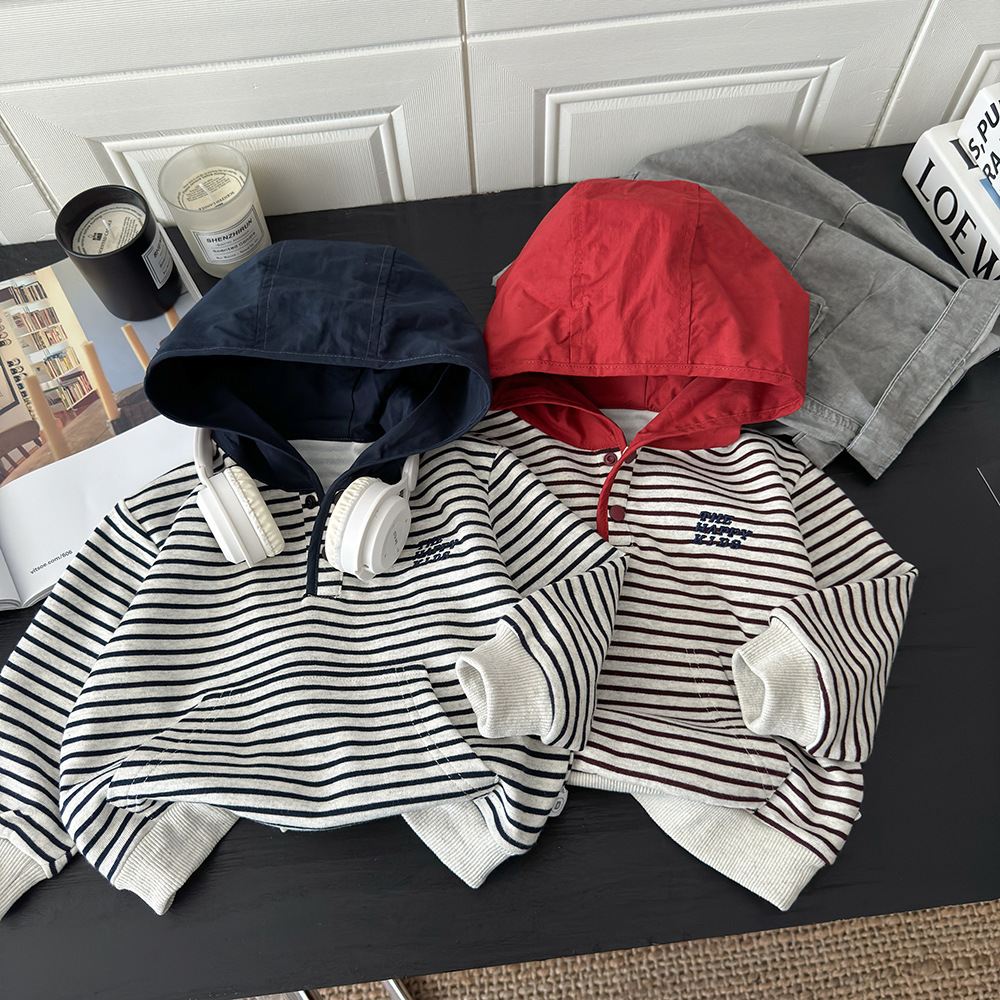 New Autumn Children's Hooded Striped Color-Block Hoodie Unisex Fashion Versatile Long-Sleeve Pullover Sweatshirt