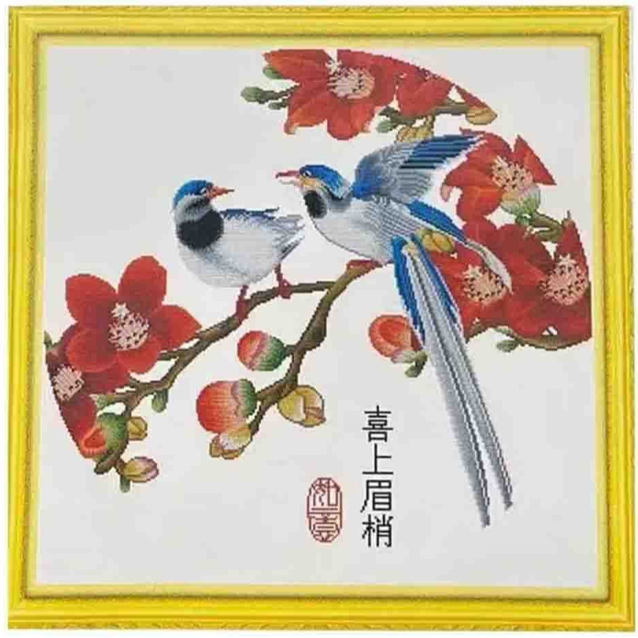 Punto de cruz real Mona Lisa con flor de ciruelo y urracas, sin contorno, 33 colores, bordado a mano chino simple.