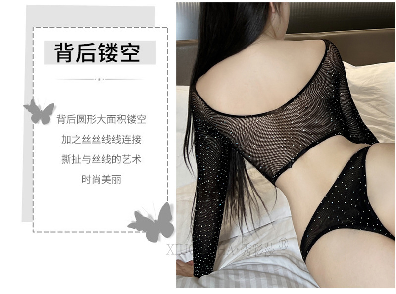 Plus Size Black Lace Long-sleeve Mesh Babydoll Pajama Set with Rhinestone Detail — detail image 7