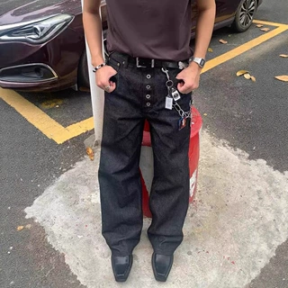 美式高街复古水洗排扣设计感牛仔裤男街头潮牌痞帅宽松休闲阔腿裤