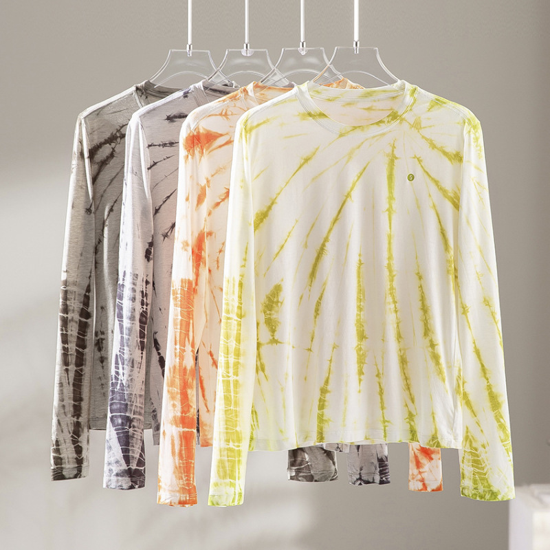 Wool T-Shirt Women's Long-Sleeved Casual Outdoor Hiking Tie-Dye Round Neck Loose Top Comfortable and Breathable Spring and Summer New