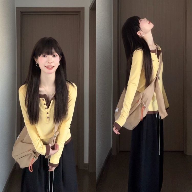 봄, 가을 여성용 한국식 대비색 페이크 투피스 긴팔 티셔츠 독일 벨벳 슬림 버튼 오른쪽 어깨 바닥 셔츠 슬리밍 탑