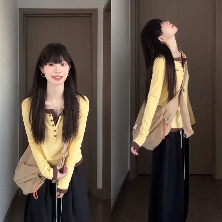 Korean Style Color-Blocking Faux Two-Piece Long-Sleeve T-Shirt for Women, Spring and Autumn Season, German Velvet Slim-Fit Button-Up Regular Shoulder Base Shirt, Slimming Top Korean Style Color-Blocking Faux Two-Piece Long-Sleeve T-Shirt for Women, Spring and Autumn Season, German Velvet Slim-Fit Button-Up Regular Shoulder Base Shirt, Slimming Top