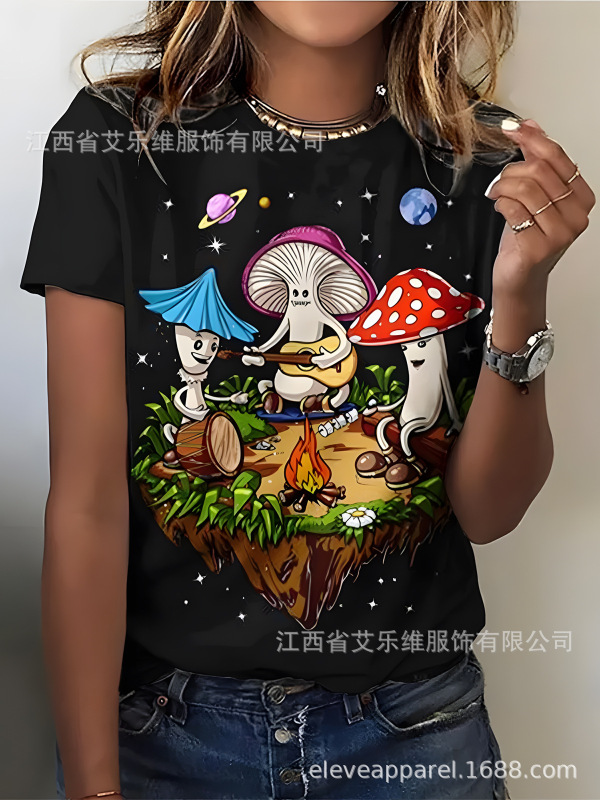 有趣的印花T恤植物图案3D打印女性休闲短袖蘑菇元素圆领T恤女上衣|undefined
