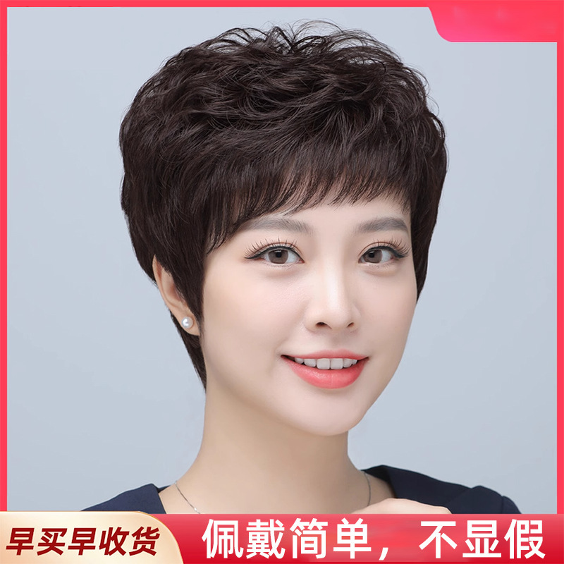 Short Curly Hair Women's Headgear, Middle-Aged and Elderly Wig, Mother's Hair Cover, Fluffy Natural Human Hair Wig for Women