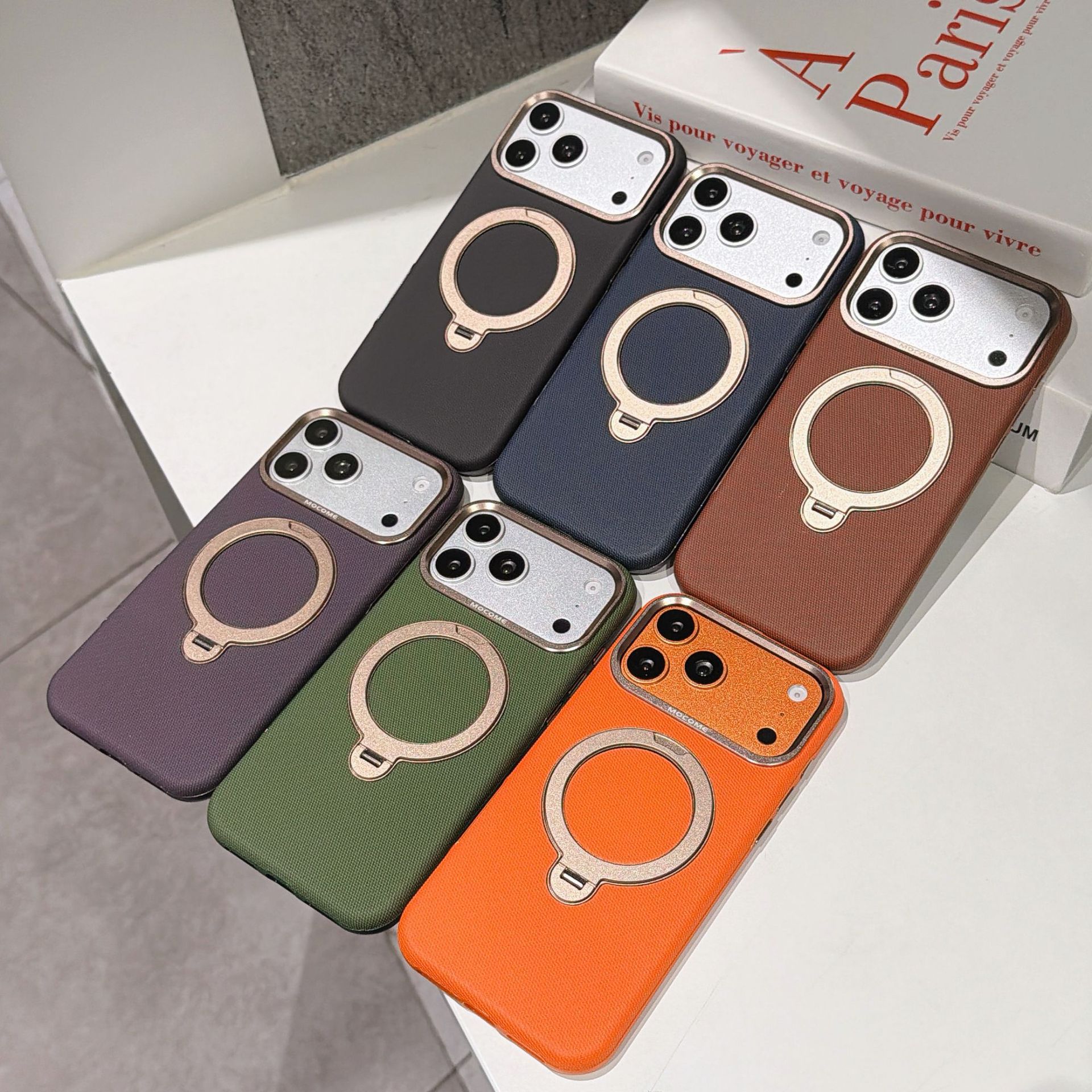 Ốp lưng da iPhone 16/17 Pro Max có vòng xoay 360 độ, nam châm hút, chống sốc viền dày — Đen, Nâu, Tím, Xanh dương chi tiết 22