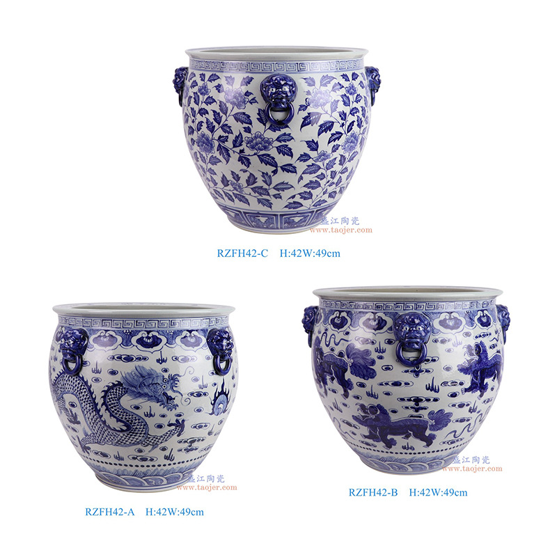 景德镇陶瓷大鱼缸手绘青花狮子龙纹缠枝莲水缸大厅庭院种树盆摆件