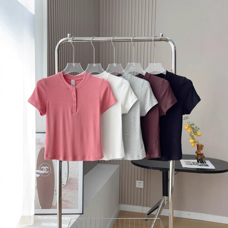 Lu's Same Style Women's Holdtihgt Henley Collar Ribbed Short-Sleeve Undershirt Slim Fit Yoga T-Shirt
