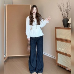 大码衬衫收腰显瘦长袖衬衫2025年宽松版上衣女款遮肚子小衫