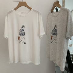 欧瑪莱の丸首の漫画のプリントの半袖のtシャツの女性の2025夏の新型の簡単な百合のゆったりしている上着の3322