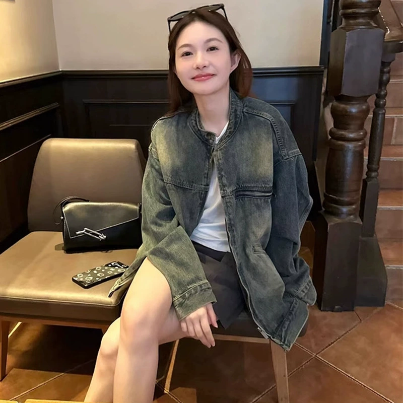 Spring retro denim trench coat, American style, plus size, oversize