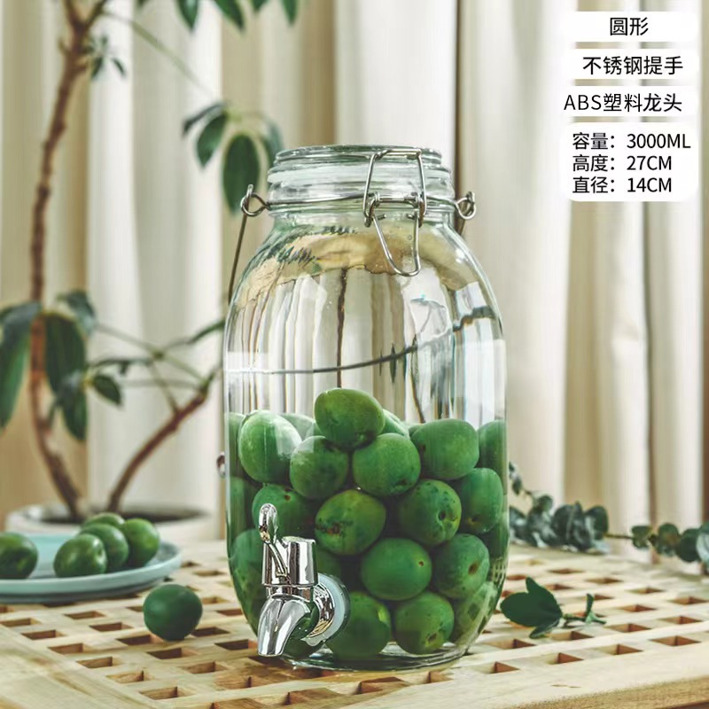 Botella de vidrio de remojo de licor, botella de remojo de licor de ciruela verde, botella de cerveza, botella de cierre de vidrio con mango de grifo