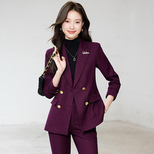 紫红色双排扣长袖小西装领外套女裤子两件套装秋冬季新款高级感潮