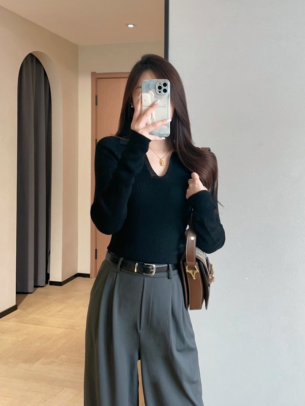 超舒适羊毛混纺翻领针织衫高弹修身显瘦打底衫女2025秋冬L5033H|undefined