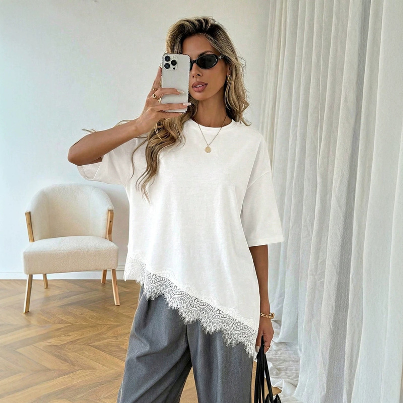 2026 Summer New Cross-Border Women's Fashion Stylish Design Asymmetrical Hem Lace Patchwork Short-Sleeve T-Shirt Top for Women