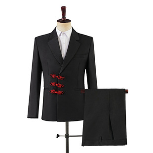 Photo Studio Theme Suit Red Buckle Vintage Dress Men's Chinese Wedding Dress Photo Photo Performance Dress Black Suit