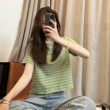 纯棉别致条纹t恤女夏高腰短袖ins显瘦2025年新款辣妹时尚洋气上衣