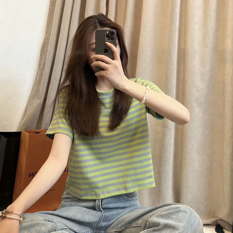 纯棉别致条纹t恤女夏高腰短袖ins显瘦2025年新款辣妹时尚洋气上衣