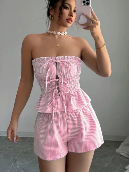 Cross-Border Summer Casual Strapless Striped Ruffled Crop Top + Elastic Waist Shorts Two-Piece Set