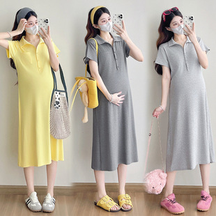 Ready Stock Maternity Dress 2025 Summer Mid-Length Polo Lapel Maternity T-Shirt Skirt