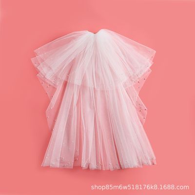 韓式簡約複古釘珍珠雙層白色頭紗派對婚紗攝影旅拍照頭飾新娘頭紗