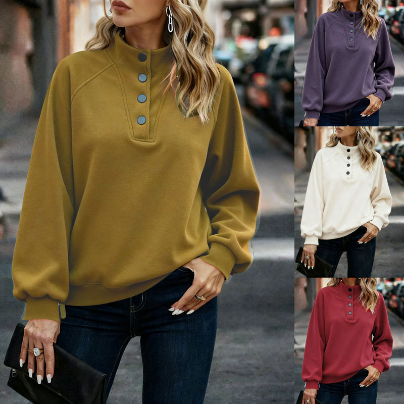 2027 Cross-border Amazon Independent Store European and American Retro Sweatshirt Women's Fleece-lined Autumn and Winter Stand Collar Warm Solid Color Top Women's