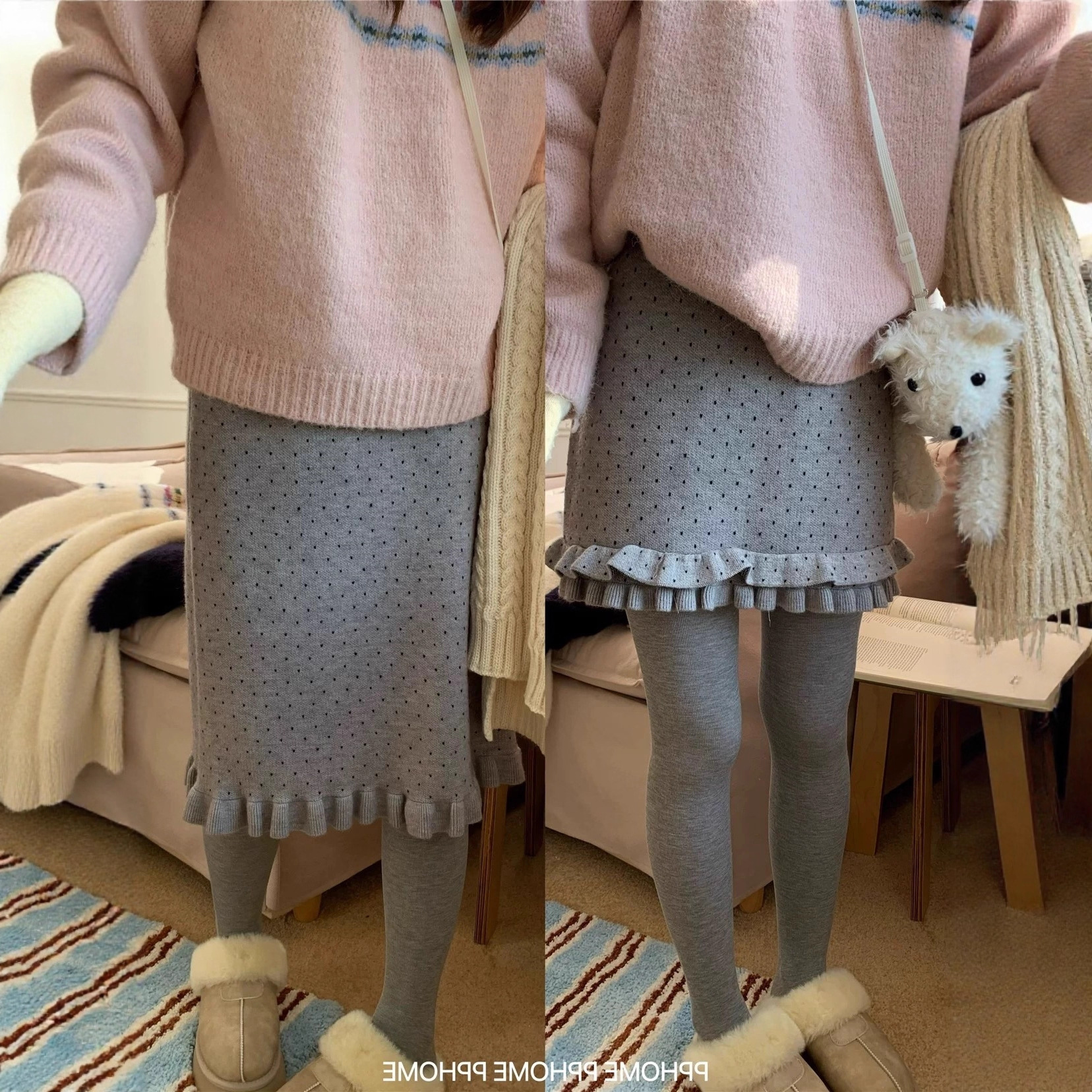 波点针织裙 巨搭配半身裙花边a字裙冬季包臀短裙中裙