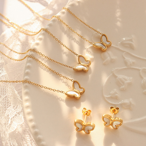 Japanese and Korean Style Trendy Fresh and Sweet Personalized Versatile Niche Design Butterfly White Sea Shell Necklace Earrings Jewelry Set