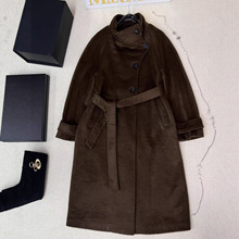 25南油秋冬新款中长款经典立领系带单排扣大衣外套女装[玫瑰系列]