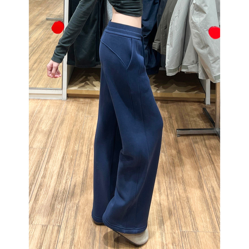 Navy Blue Drapey Lazy Lulu Style Drawstring Sweatpants for Women, Autumn and Winter 2025 New High-Waisted Fleece-Lined Wide-Leg Pants