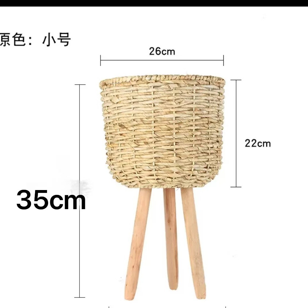 Piso de La Flor soporte de madera pierna piso flor soporte tejida flor olla sala de estar balcón decoración flor cesta paja tejido piso soporte