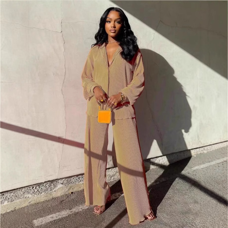 现货2025亚马逊欧美跨境女装纯色宽松休闲两件套百褶时尚阔腿裤套