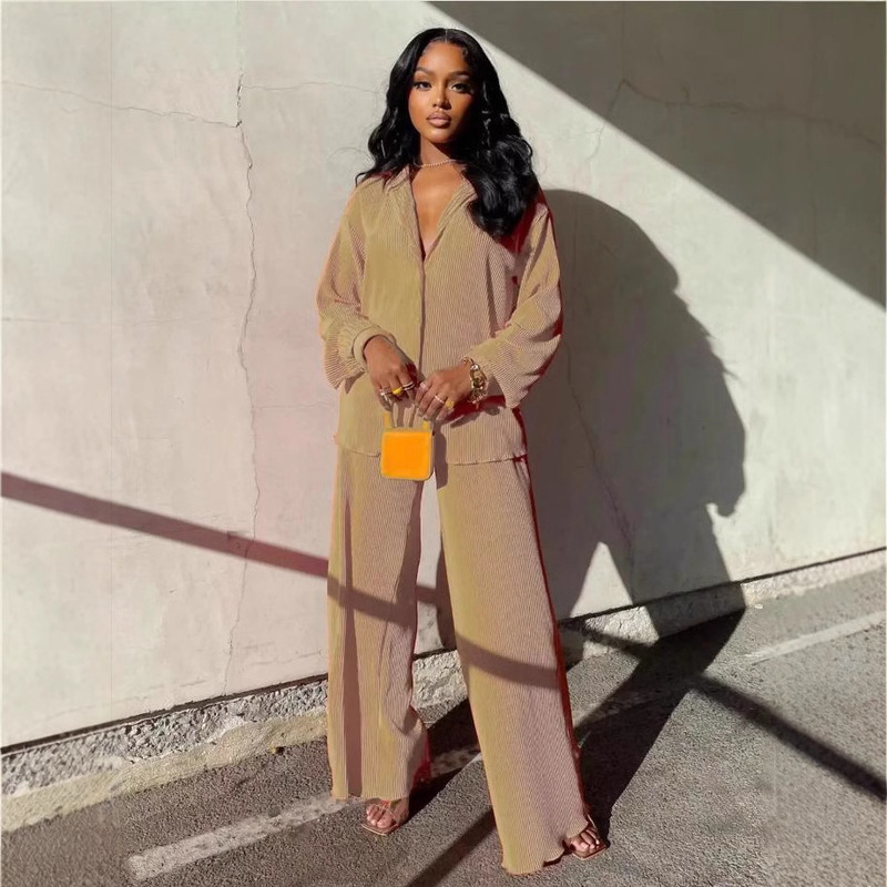 in stock 2025 Amazon Europe and America Cross-border Women's Solid Color Loose Casual Two-piece Pleated Fashion Wide Leg Pants Set in stock 2025 Amazon Europe and America Cross-border Women's Solid Color Loose Casual Two-piece Pleated Fashion Wide Leg Pants Set