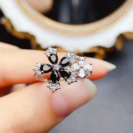 新款天然黑尖晶戒指S925银镶嵌主石3*4mm百搭网红爆款女饰批发