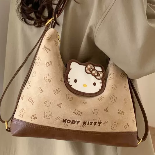 韩版复古卡通kitty猫双肩包包女美拉德大容量休闲百搭单肩斜挎包